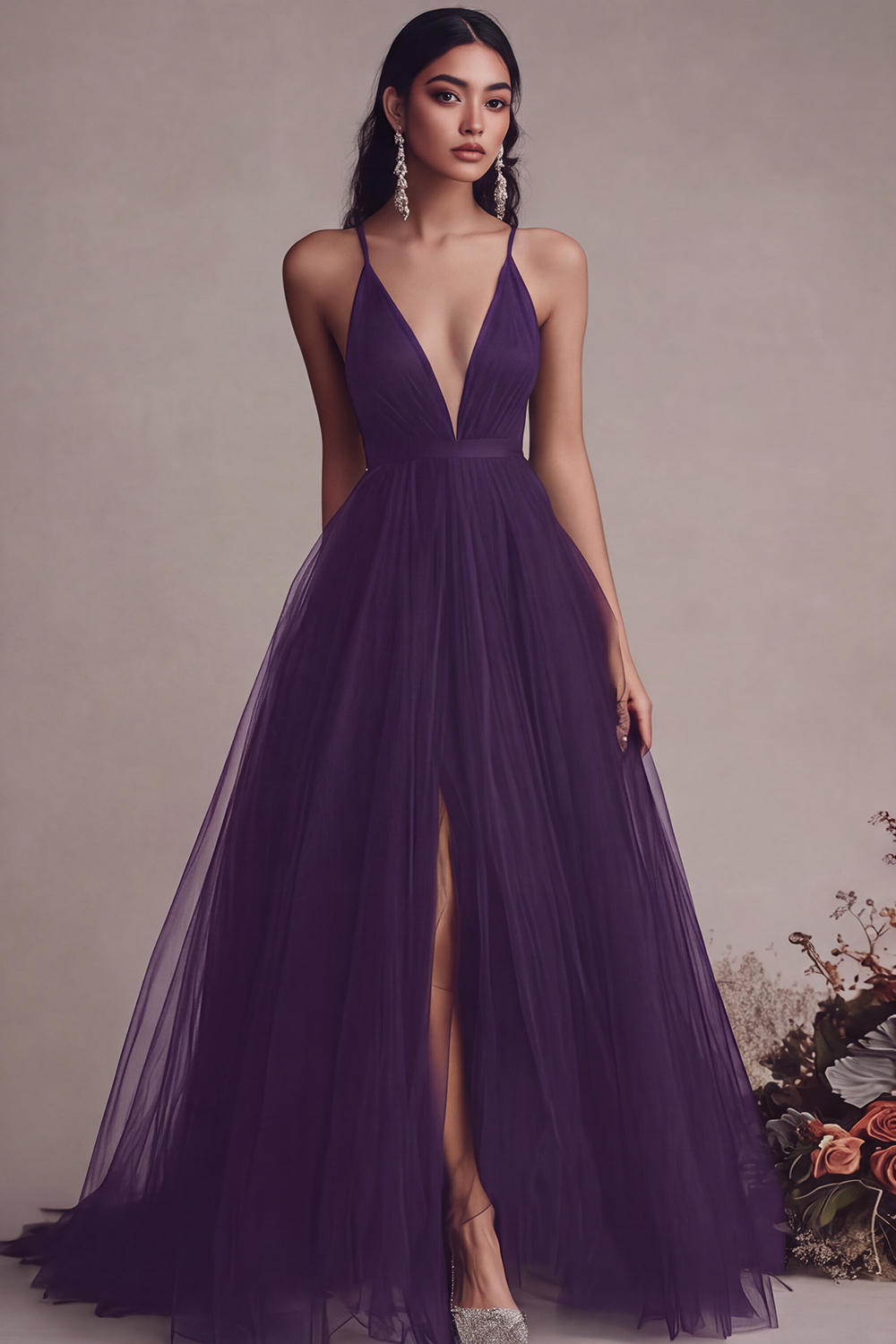 Leely Women Black Tulle Maxi Evening Dress Spaghetti Straps A Line Formal Dress with Slit