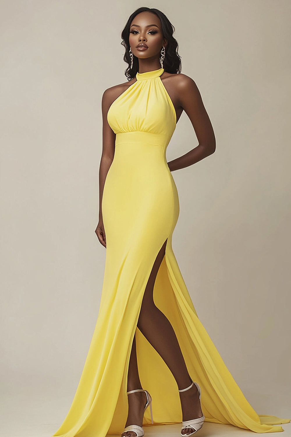 Yellow Satin Mermaid Halter Maxi Evening Dress with Slit