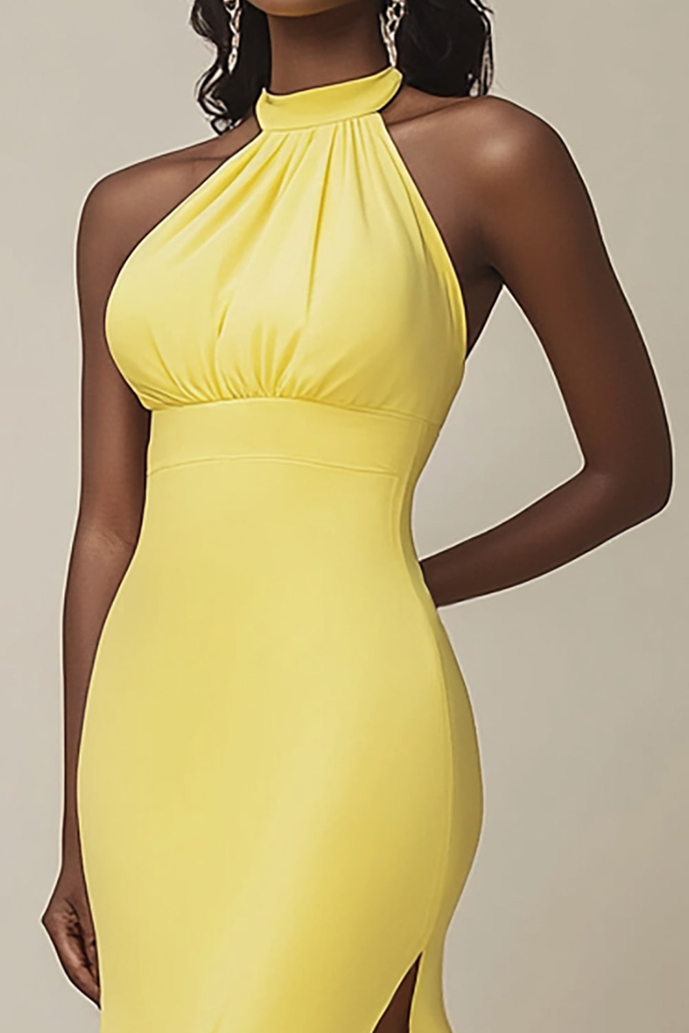 Yellow Satin Mermaid Halter Maxi Evening Dress with Slit