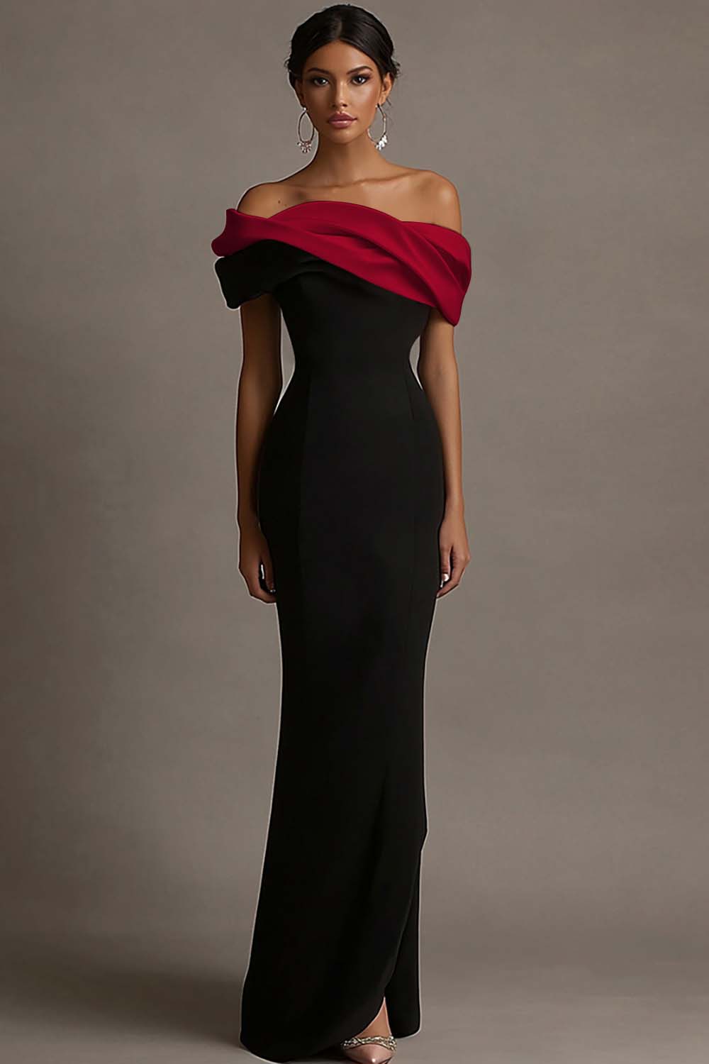 Black and Pink Off the Shoulder Sheath Satin Maxi Evening Dress