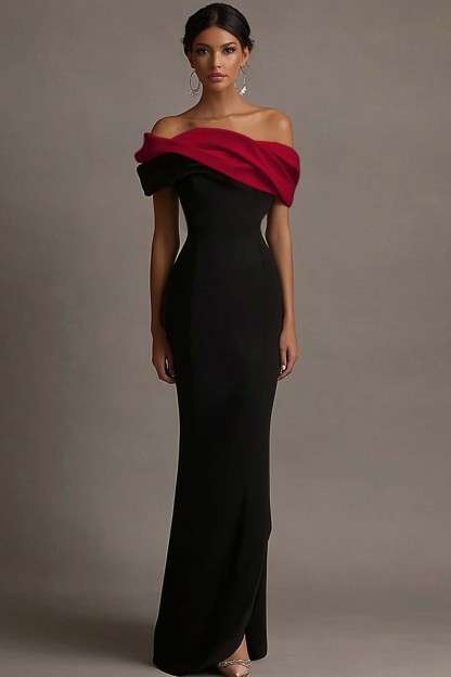 Black and Pink Off the Shoulder Sheath Satin Maxi Evening Dress