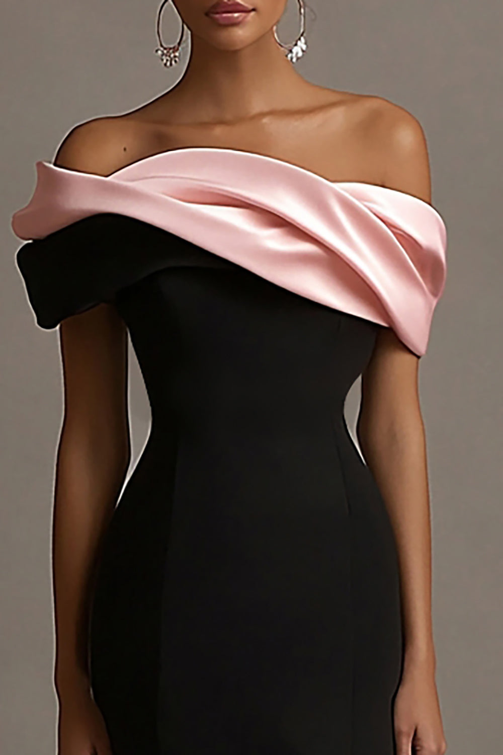 Black and Pink Off the Shoulder Sheath Satin Maxi Evening Dress