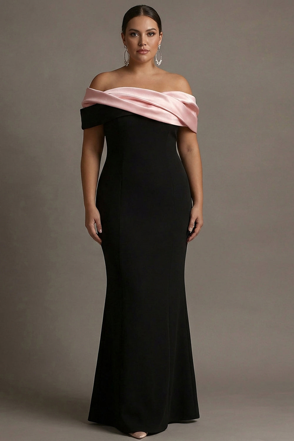 Black and Pink Plus Size Off the Shoulder Sheath Satin Maxi Evening Dress