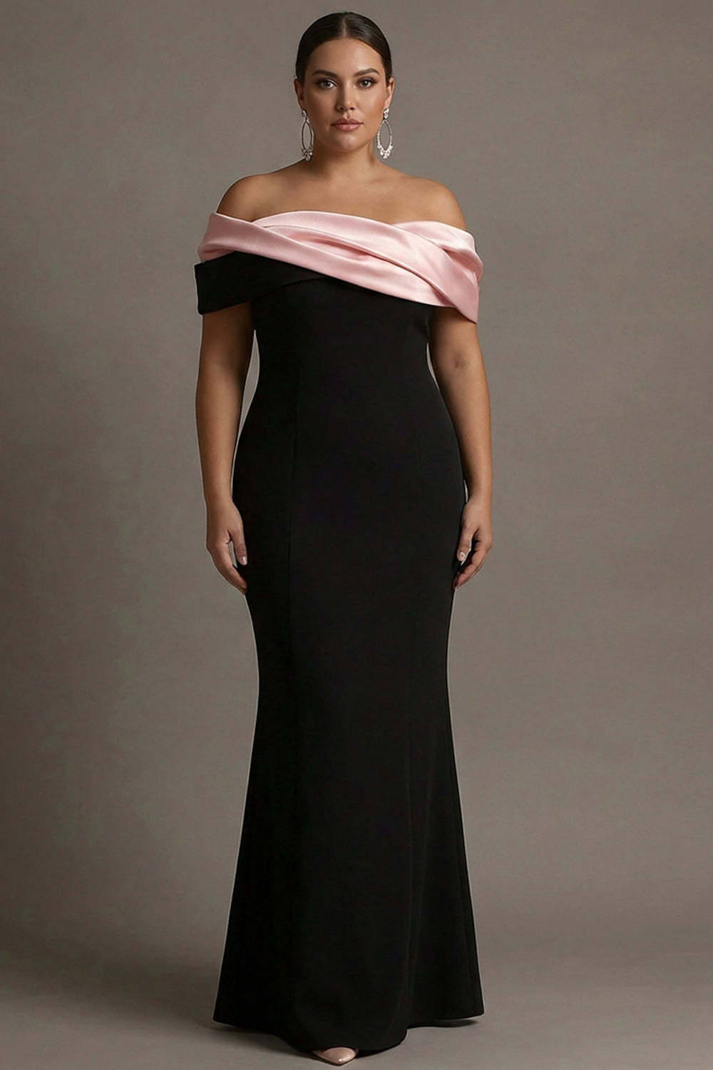 Leely Women Black and Pink Plus Size Satin Maxi Evening Dress with Ruffles Off the Shoulder Sheath Formal Dress