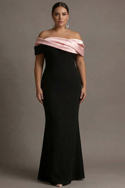 Leely Women Black and Pink Plus Size Satin Maxi Evening Dress with Ruffles Off the Shoulder Sheath Formal Dress