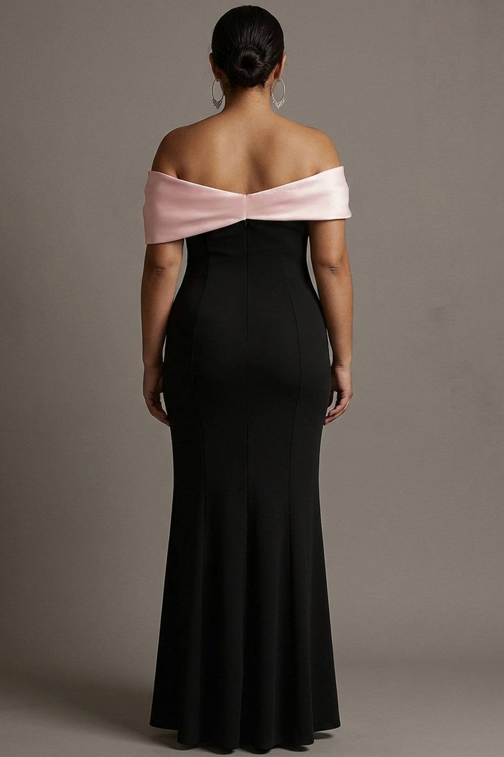 Black and Pink Plus Size Off the Shoulder Sheath Satin Maxi Evening Dress