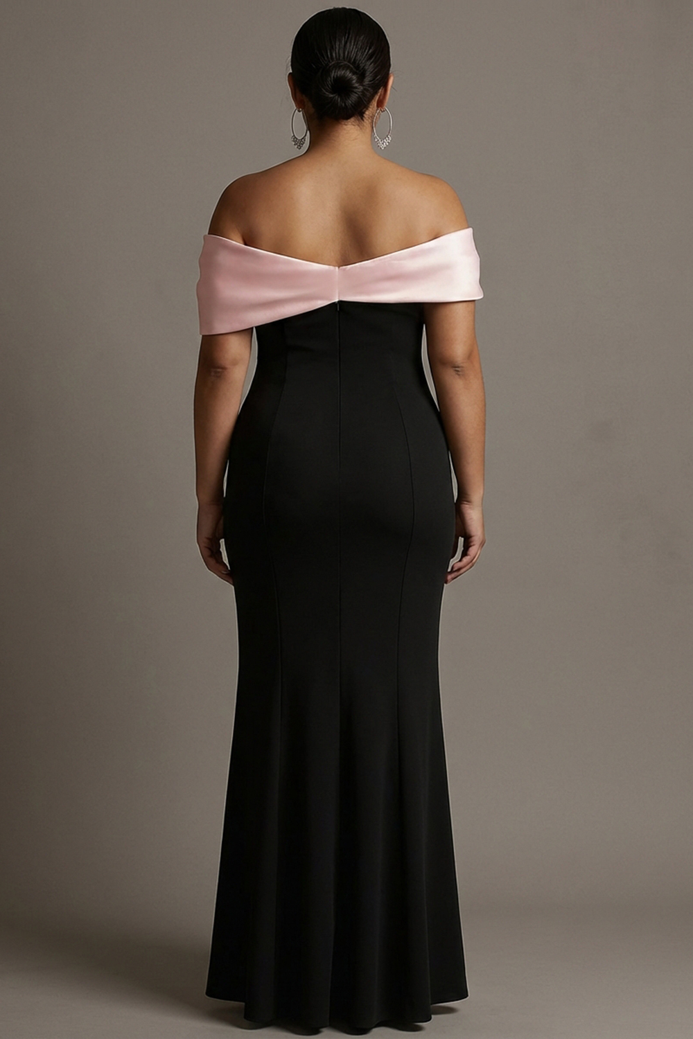 Black and Pink Off the Shoulder Sheath Satin Maxi Evening Dress