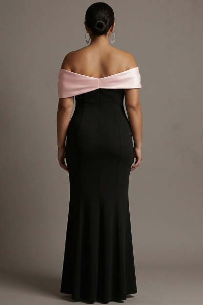 Black and Pink Plus Size Off the Shoulder Sheath Satin Maxi Evening Dress