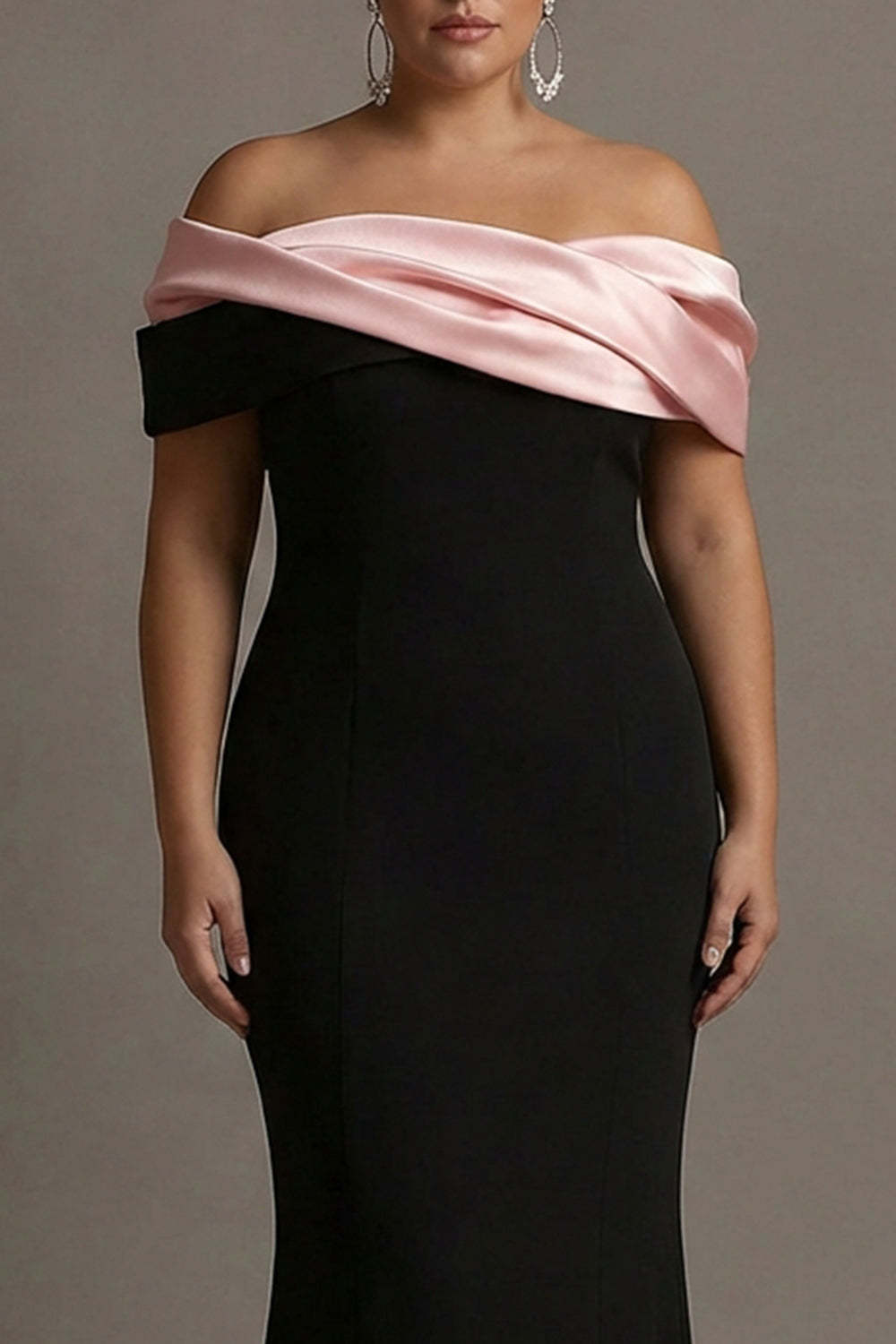 Black and Pink Plus Size Off the Shoulder Sheath Satin Maxi Evening Dress