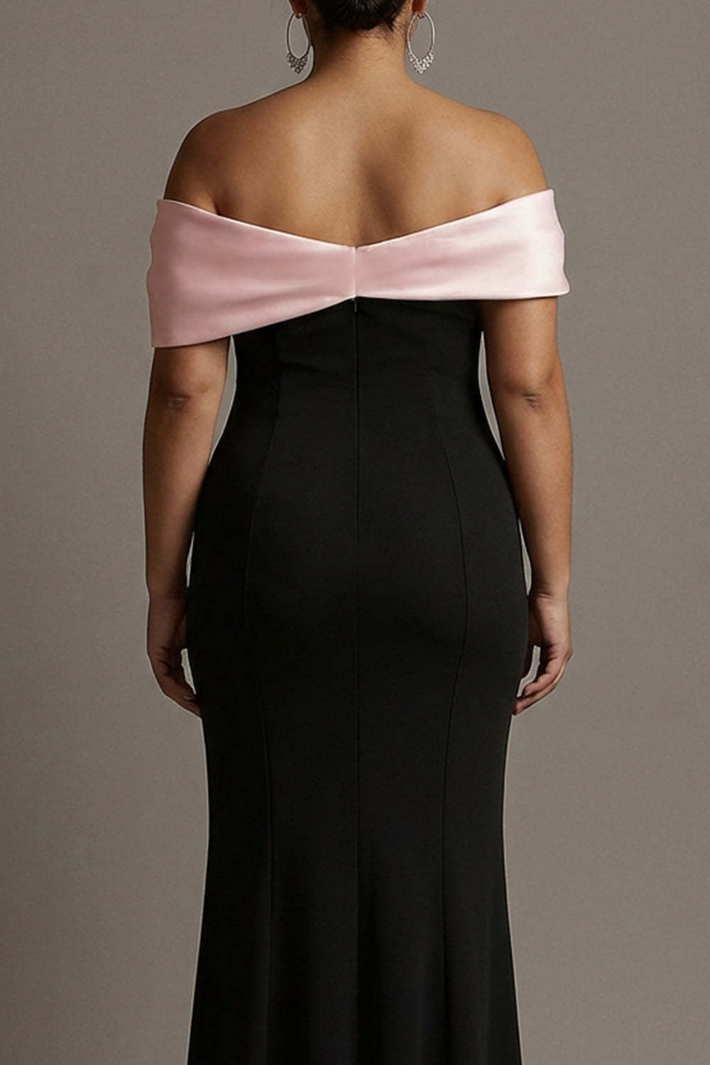 Black and Pink Plus Size Off the Shoulder Sheath Satin Maxi Evening Dress