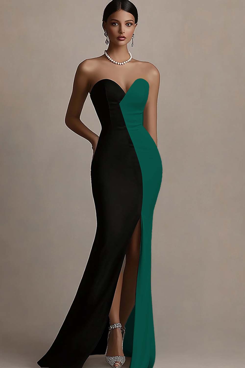 Black and White Strapless Patchwork Satin Maxi Evening Dress with Slit
