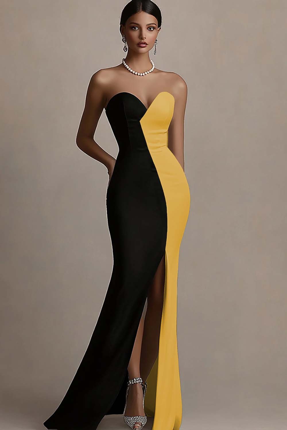 Black and White Strapless Patchwork Satin Maxi Evening Dress with Slit