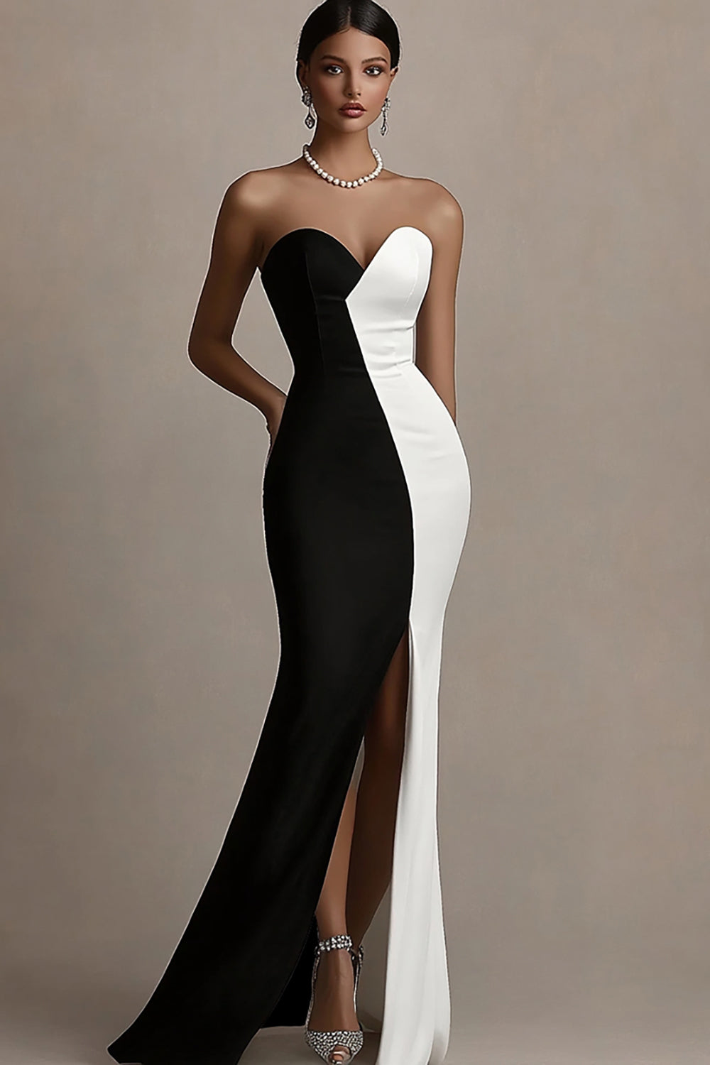 Black and White Strapless Patchwork Satin Maxi Evening Dress with Slit