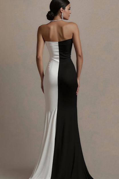 Black and White Strapless Patchwork Satin Maxi Evening Dress with Slit