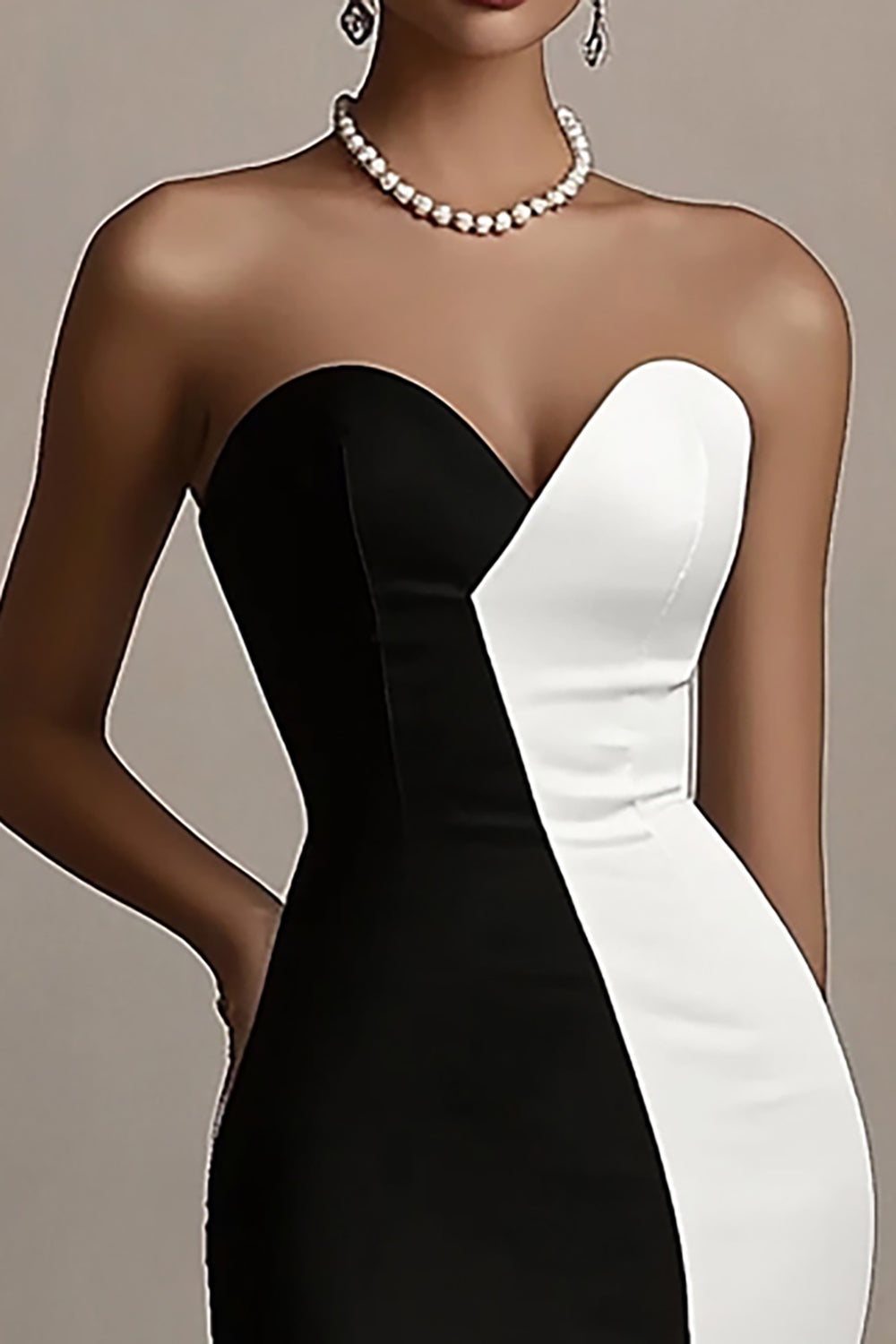 Black and White Strapless Patchwork Satin Maxi Evening Dress with Slit