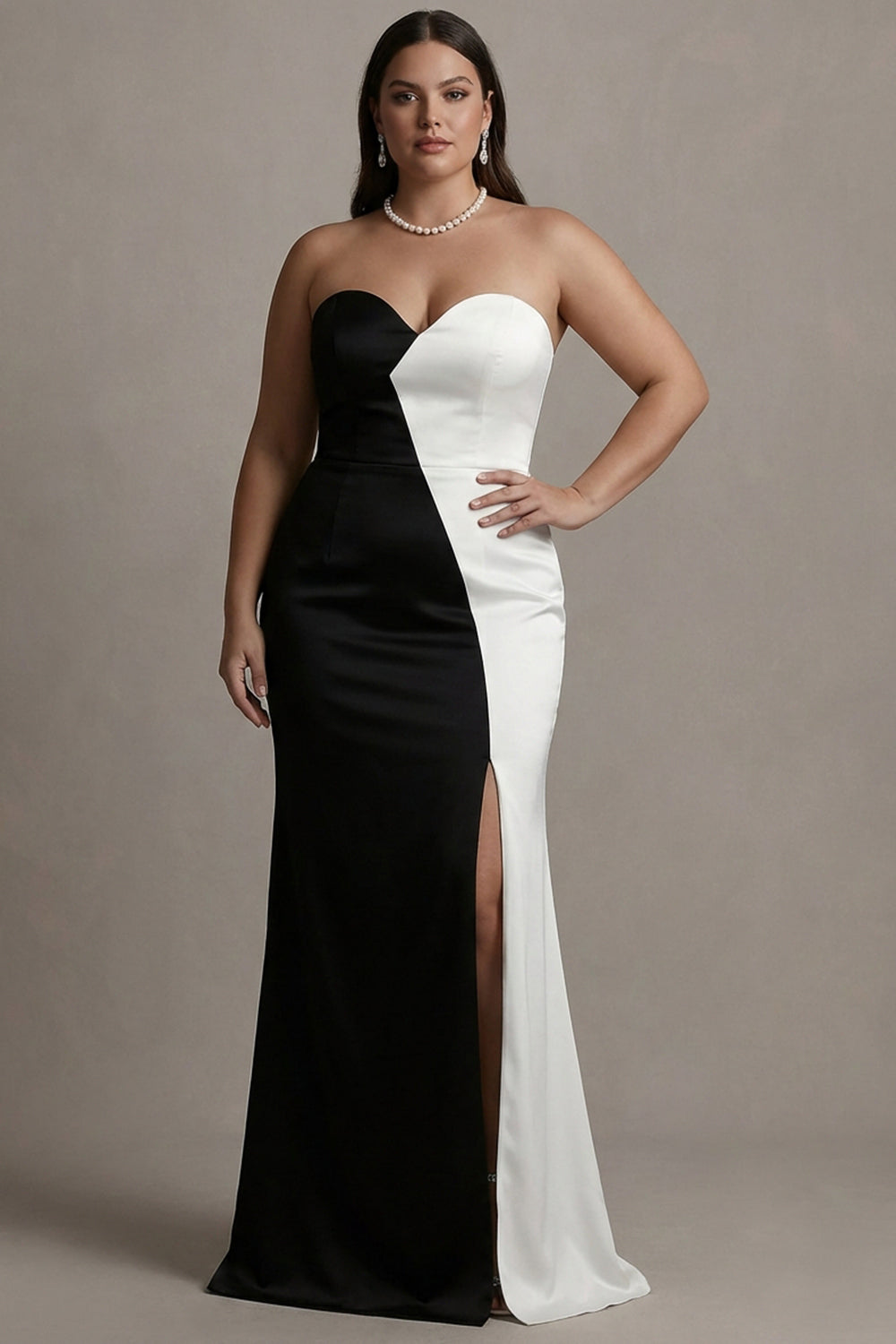 Black and White Strapless Plus Size Patchwork Satin Maxi Evening Dress with Slit