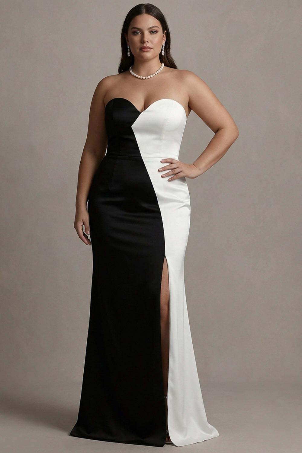 Black and White Strapless Plus Size Patchwork Satin Maxi Evening Dress with Slit