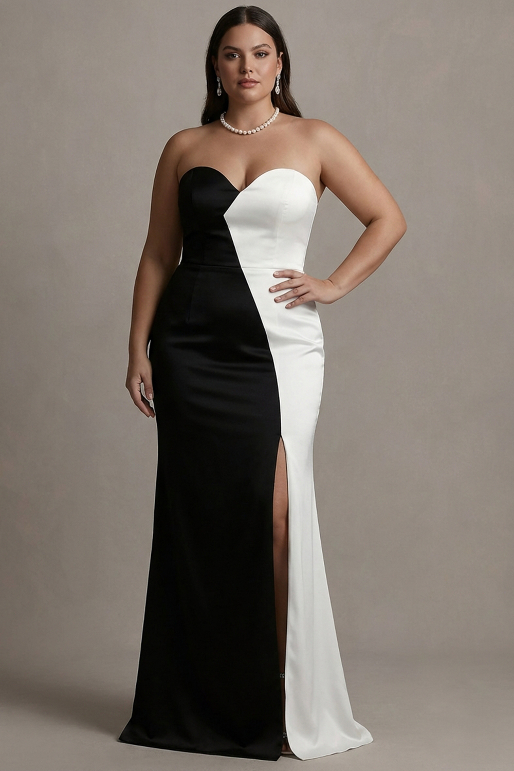 Black and White Strapless Patchwork Satin Maxi Evening Dress with Slit