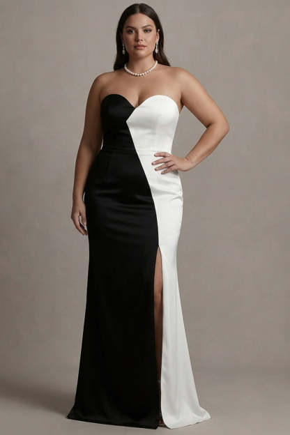 Black and White Strapless Plus Size Patchwork Satin Maxi Evening Dress with Slit
