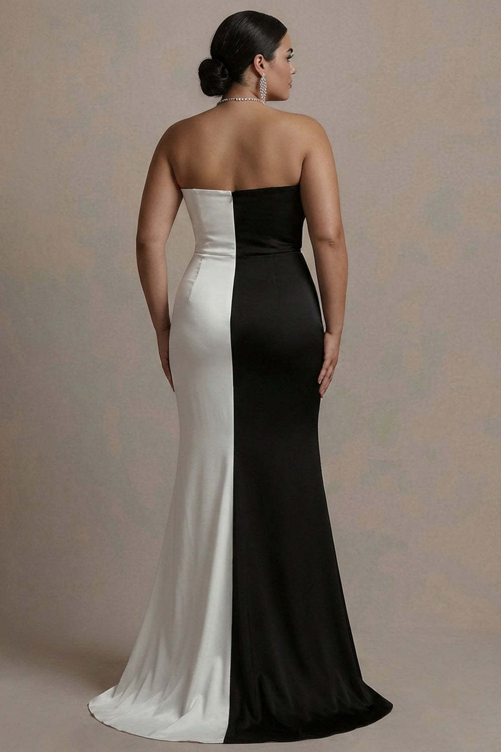 Black and White Strapless Plus Size Patchwork Satin Maxi Evening Dress with Slit