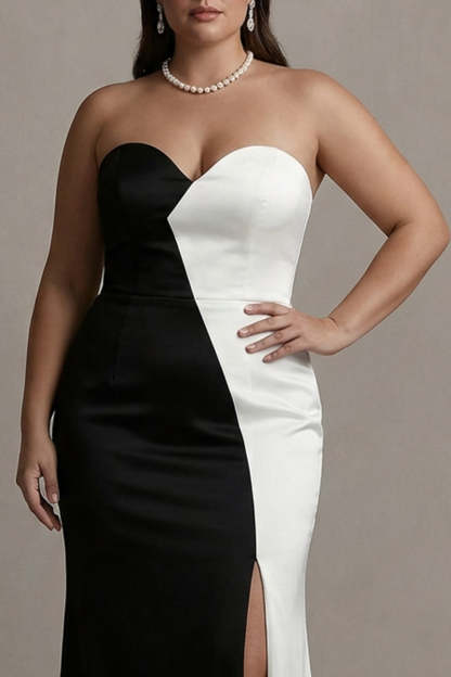 Black and White Strapless Plus Size Patchwork Satin Maxi Evening Dress with Slit