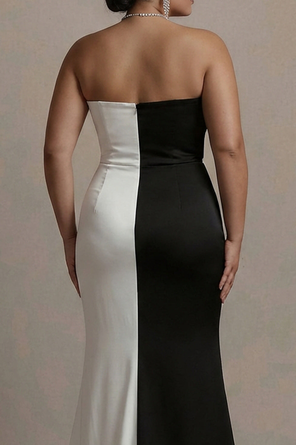 Black and White Strapless Plus Size Patchwork Satin Maxi Evening Dress with Slit