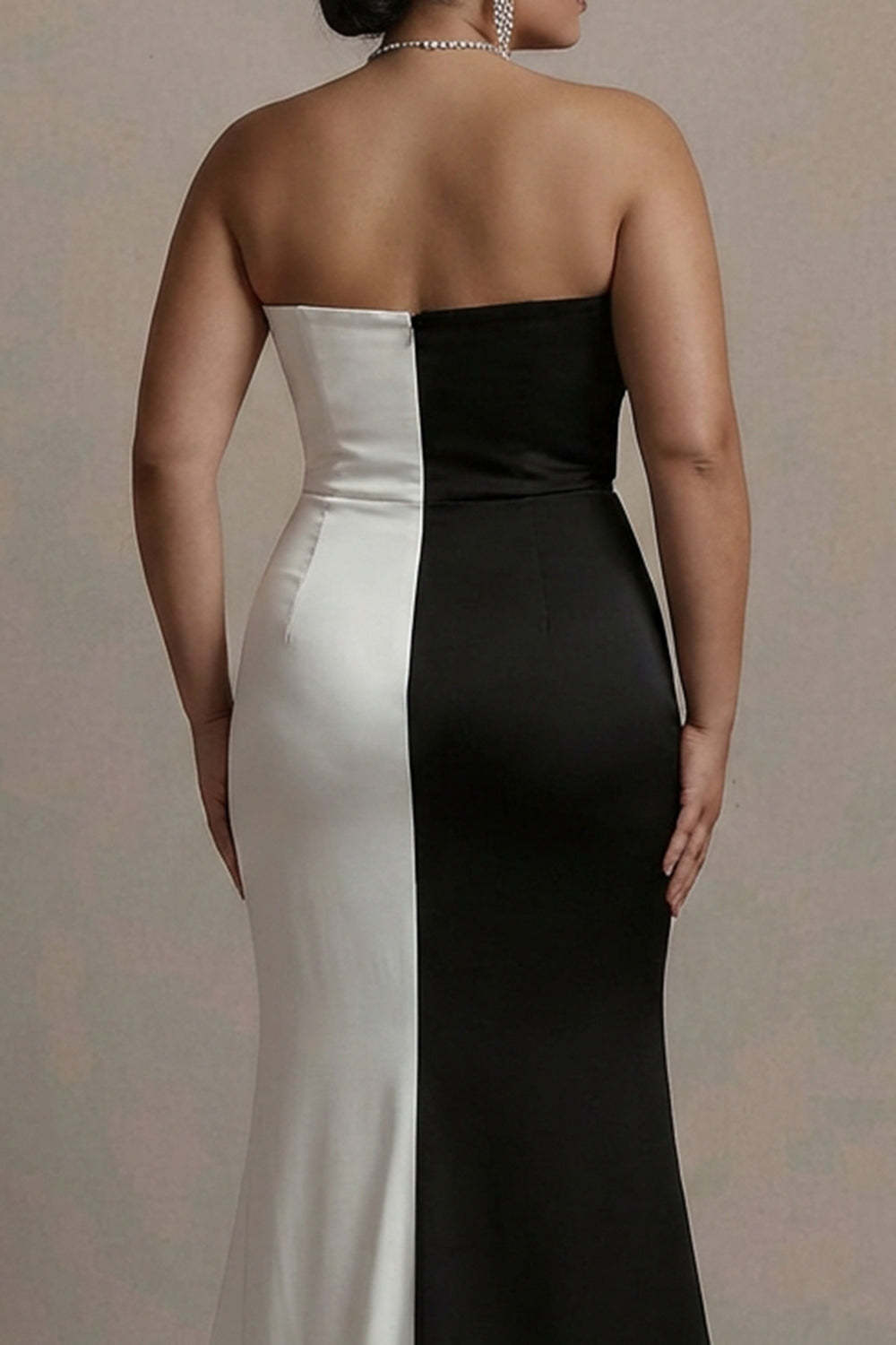 Black and White Strapless Plus Size Patchwork Satin Maxi Evening Dress with Slit