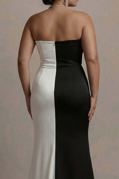 Black and White Strapless Plus Size Patchwork Satin Maxi Evening Dress with Slit