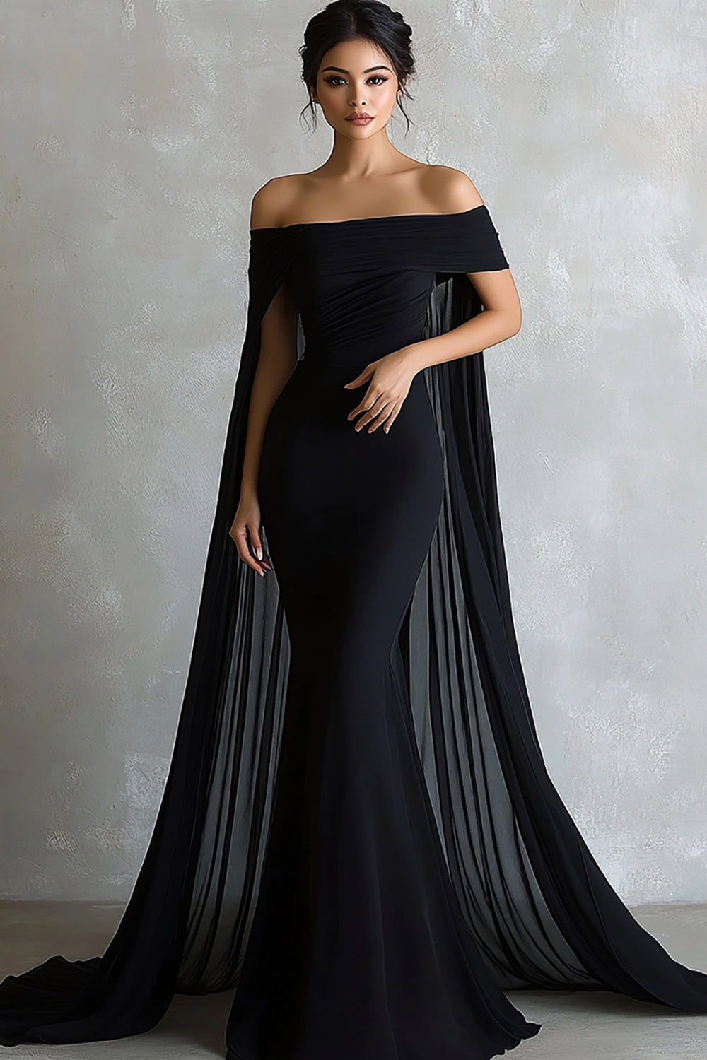 Leely Women Black Satin Maxi Evening Dress with Cape Mermaid Off the Shoulder Formal Dress