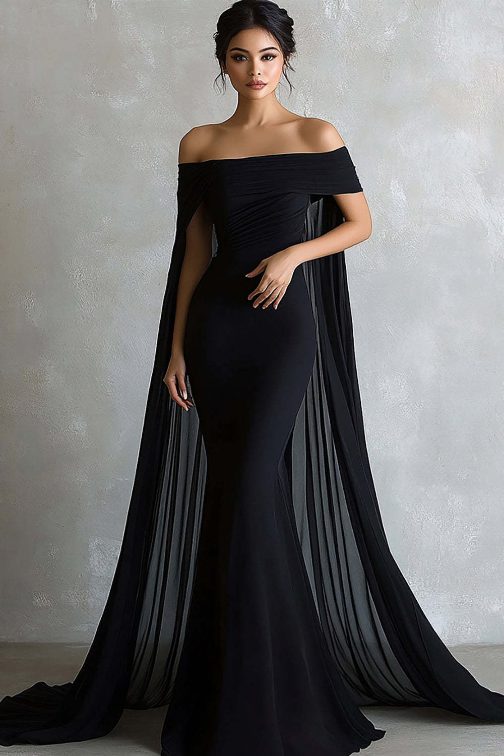 Leely Women Black Satin Maxi Evening Dress with Cape Mermaid Off the Shoulder Formal Dress