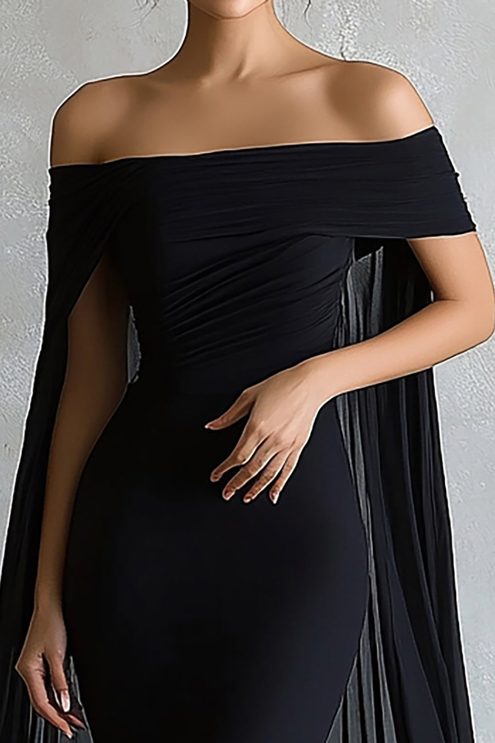Black Mermaid Satin Off the Shoulder Maxi Evening Dress with Cape