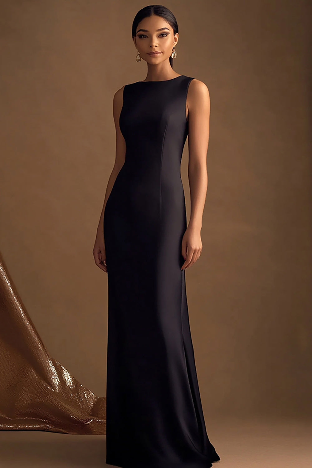 Simple Black Maxi Satin Sheath Evening Dress