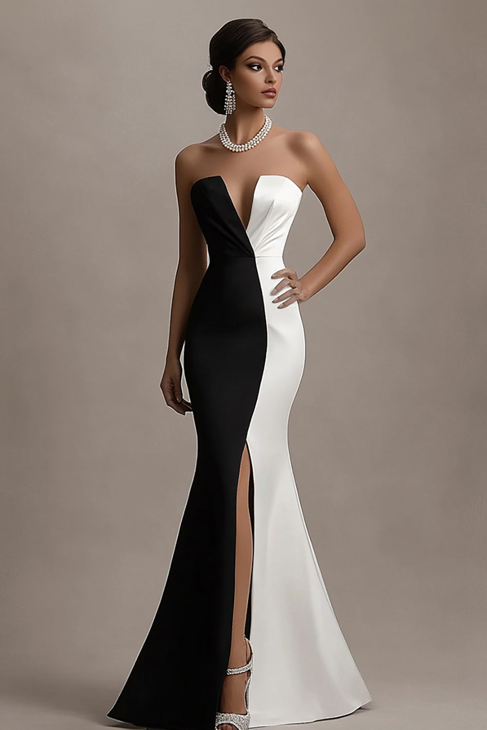 Leely Women Black and White Satin Patchwork Maxi Evening Dress with Slit Strapless Mermaid Formal Dress