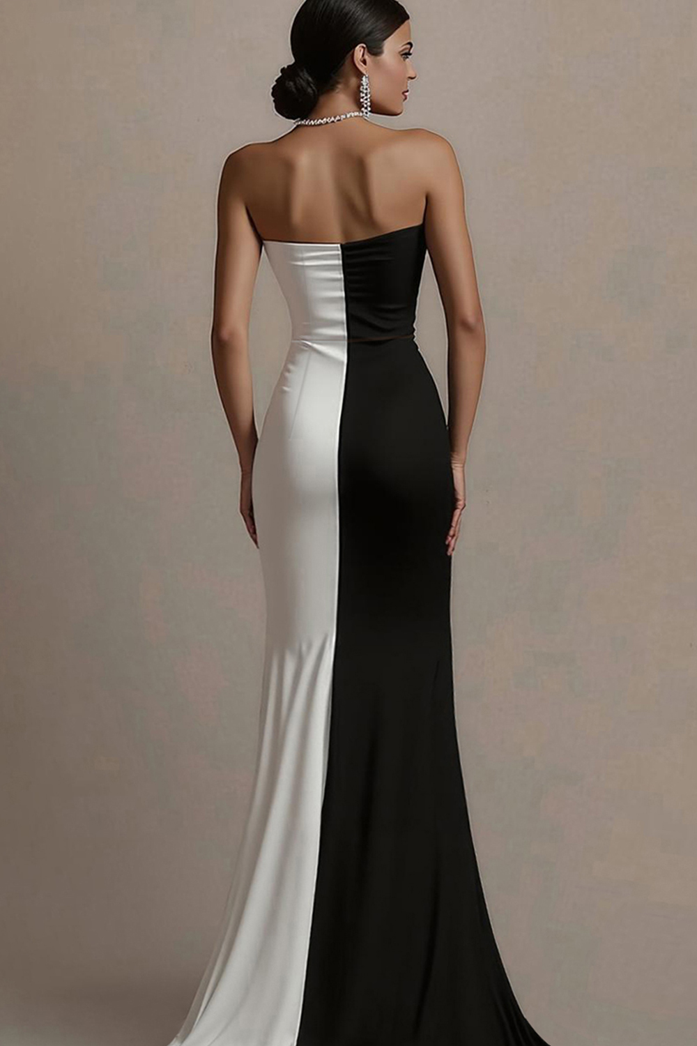 Black and White Mermaid Satin Patchwork Maxi Evening Dress with Slit