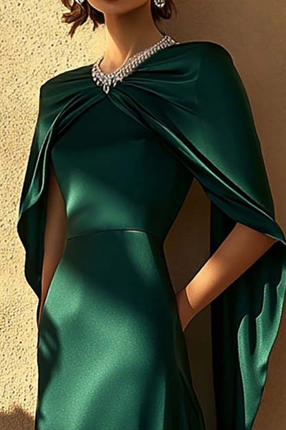 Dark Green Satin A Line Maxi Evening Dress with Cape