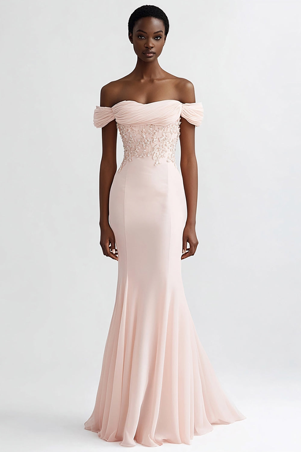 Pink Mermaid Off the Shoulder Chiffon Maxi Evening Dress