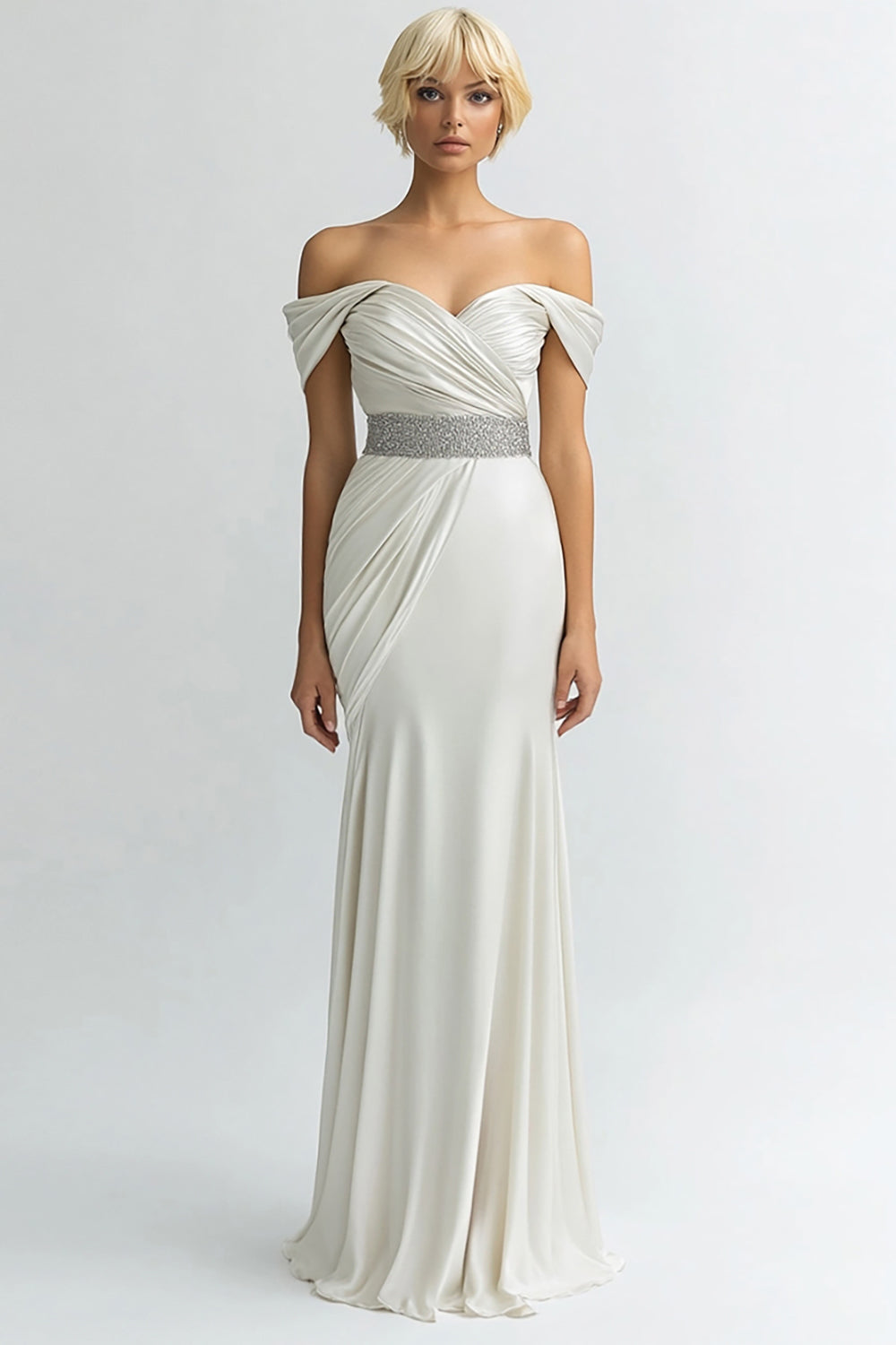 Ivory Sheath Off the Shoulder Satin Maxi Evening Dress