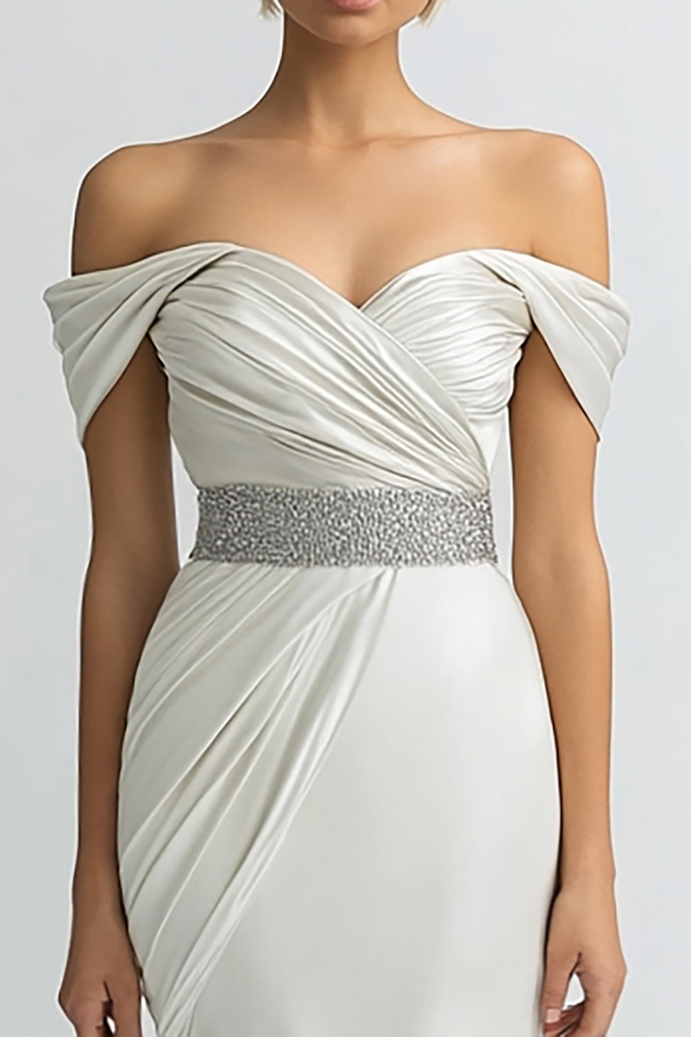 Ivory Sheath Off the Shoulder Satin Maxi Evening Dress
