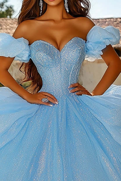 Sparkly Sky Blue Glitter Corset Ball Gown Princess Maxi Quinceanera Dress with Ruffles