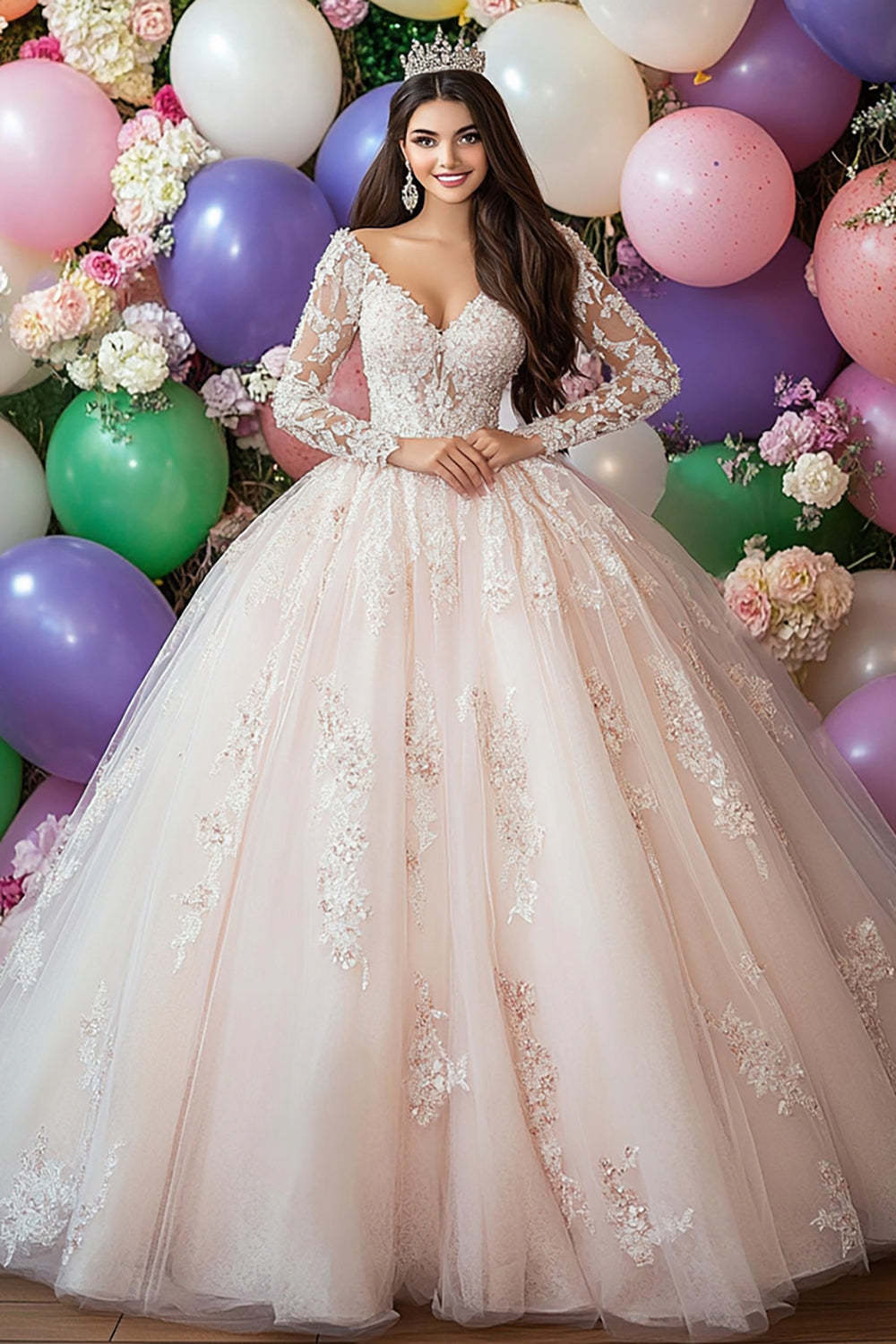Leely Women Champagne Ball Gown Tulle Quinceanera Dress with Appliques Princess V-Neck Maxi Sweet 16 Dress with Sleeves