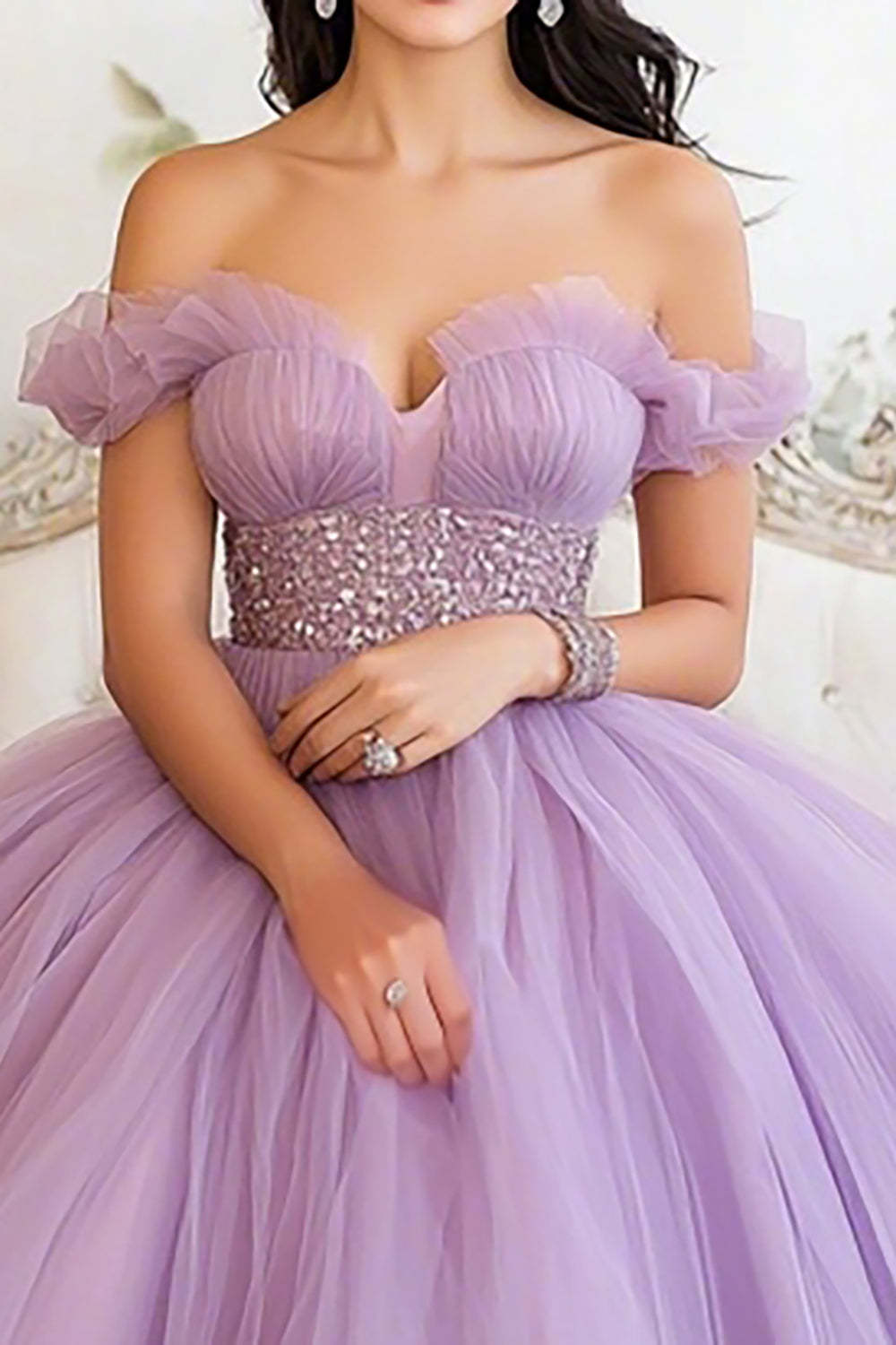 Sparkly Lilac Ball Gown Princess Tulle Maxi Quinceanera Dress with Ruffles