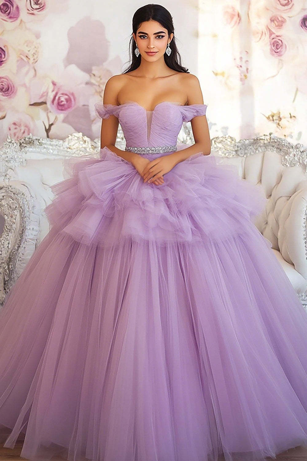 Leely Women Lilac Ball Gown Tulle Maxi Ruffled Quinceanera Dress Tiered Princess Off the Shoulder Sweet 16 Dress