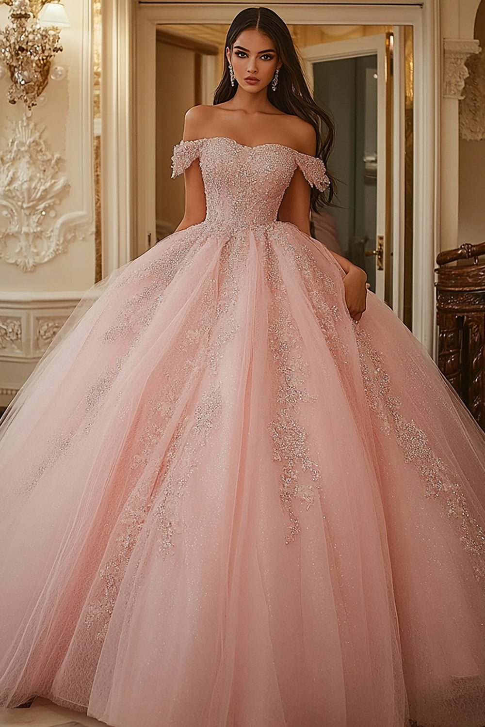 Sparkly Pink Ball Gown Princess Tulle Maxi Quinceanera Dress with Appliques