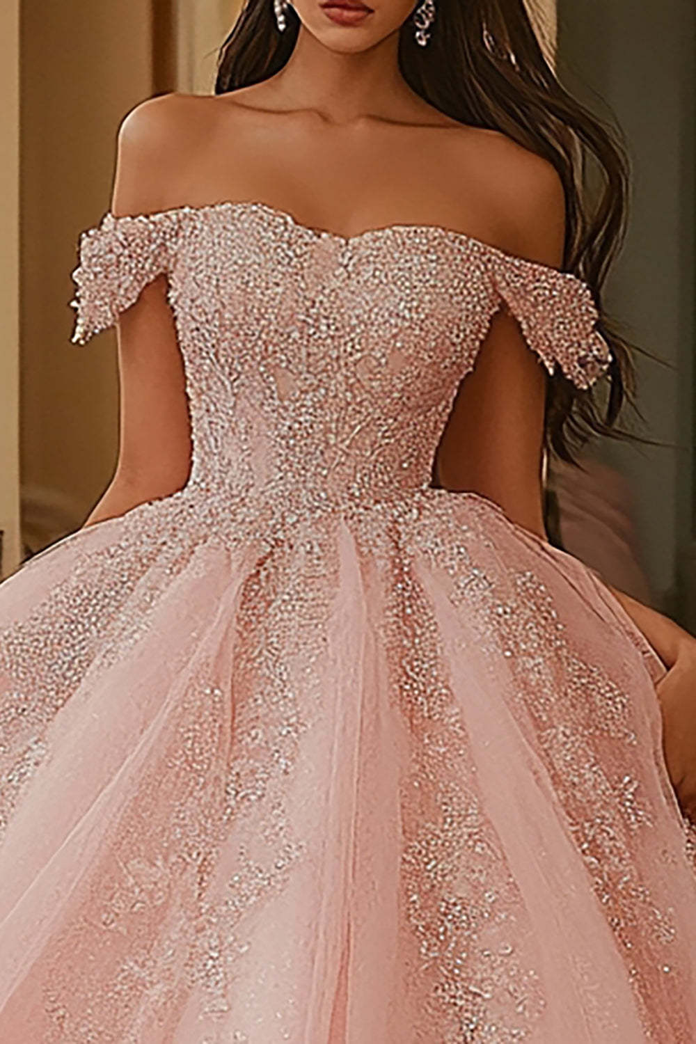Sparkly Pink Ball Gown Princess Tulle Maxi Quinceanera Dress with Appliques