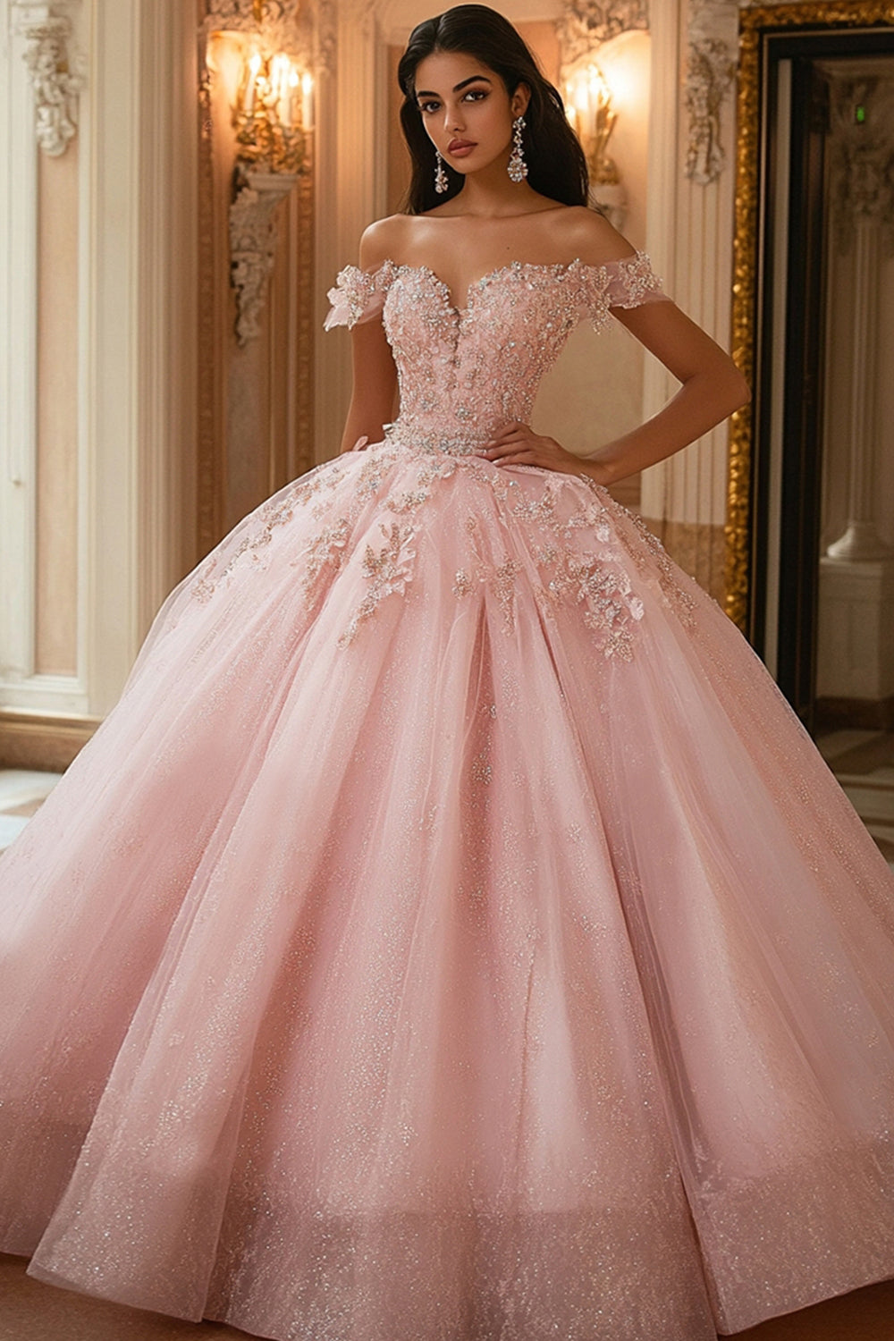 Sparkly Pink Ball Gown Glitter Tulle Maxi Quinceanera Dress with Appliques