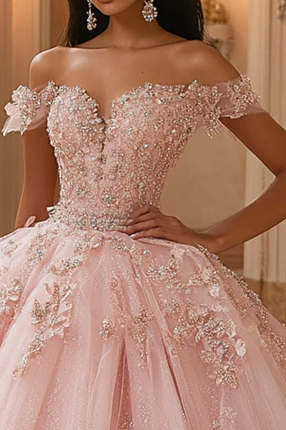Sparkly Pink Ball Gown Glitter Tulle Maxi Quinceanera Dress with Appliques
