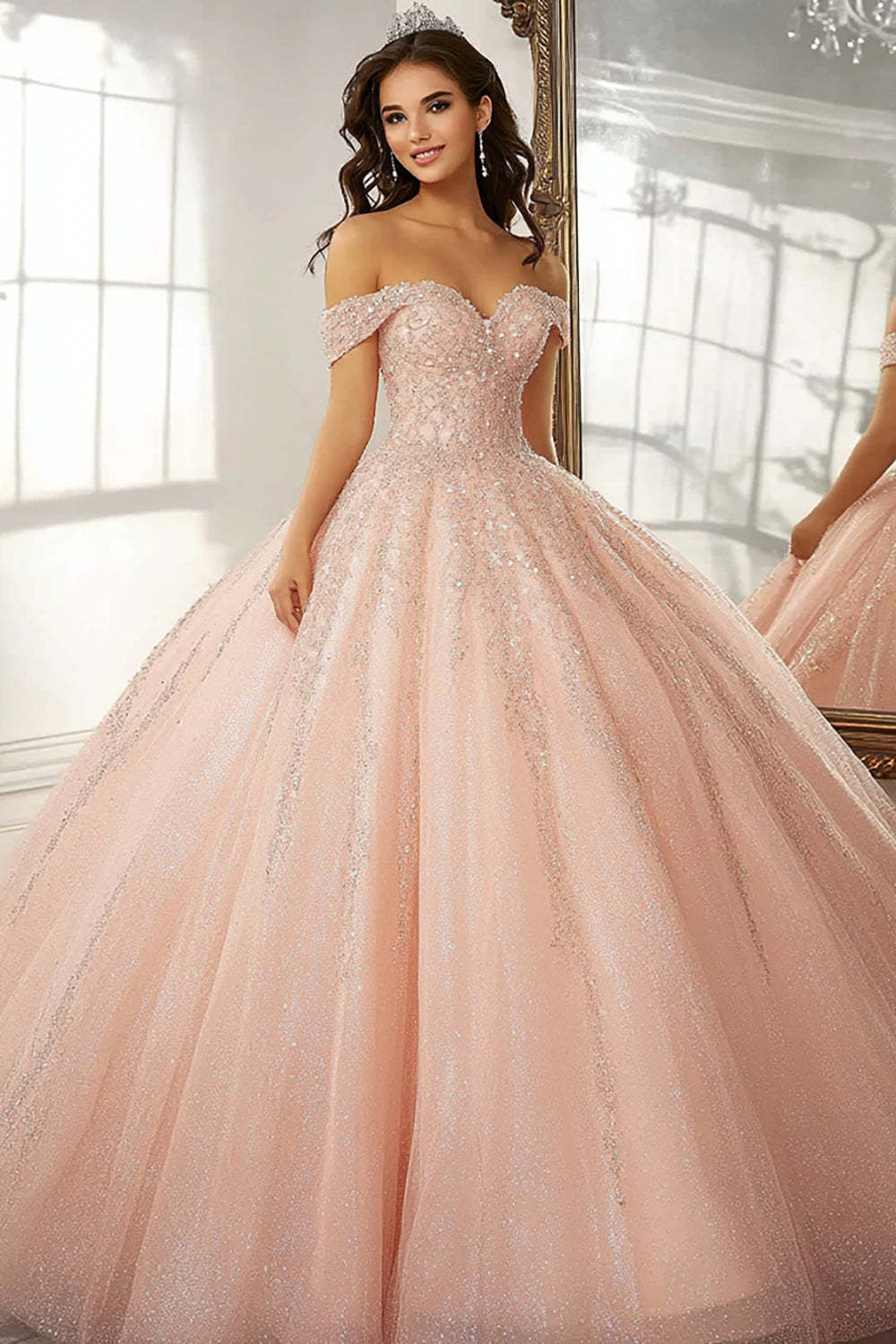 Leely Women Sparkly Champagne Ball Gown Quinceanera Dress with Rhinestone Off the Shoulder Tulle Glitter Princess Maxi Sweet 16 Dress