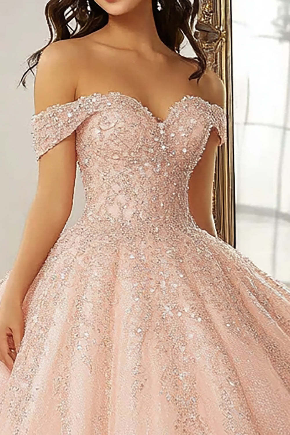 Sparkly Champagne Glitter Ball Gown Off the Shoulder Maxi Quinceanera Dress