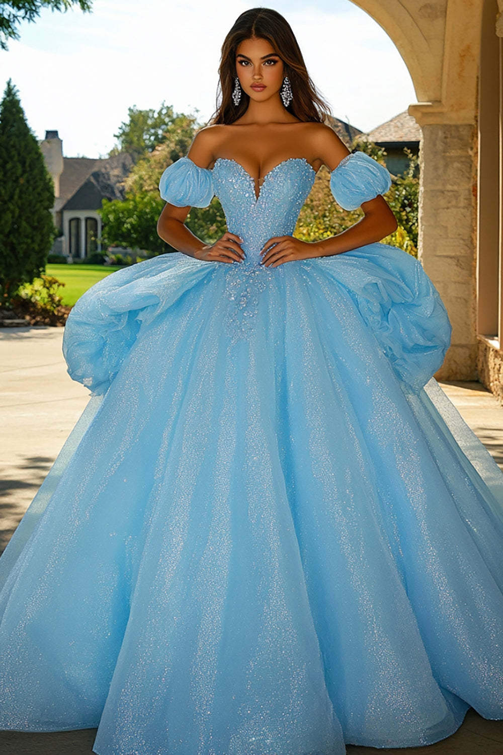 Leely Women Sparkly Sky Blue Ball Gown Princess Ruffled Quinceanera Dress with Rhinestone Tulle Sweetheart Glitter Short Sleeves Sweet 16 Dress
