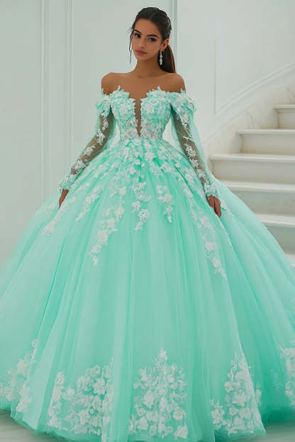 Leely Women Mint Green Tulle Ball Gown Quinceanera Dress with Sleeves Princess Off the Shoulder Maxi Sweet 16 Dress with Appliques